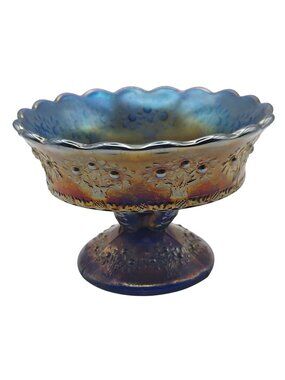 Fenton Carnival Glass Compote Pedestal Dish Cobalt Blue Orange Tree Antique 1911